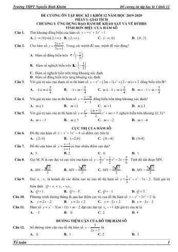 Đề cương ôn tập học kì 1 môn Toán học Lớp 12 - Năm học 2019-2020 - Trường THPT Nguyễn Bỉnh Khiêm