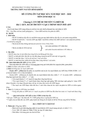 Đề cương ôn tập học kì I môn Sinh học Lớp 12 - Năm học 2019-2020 - Trường THPT Nguyễn Bỉnh Khiêm
