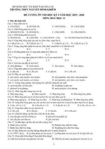 Đề cương ôn tập thi học kỳ I môn Hóa học Lớp 12 - Năm học 2019-2020 - Trường THPT Nguyễn Bỉnh Khiêm