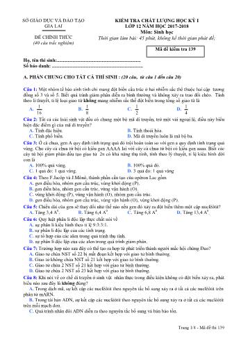 Đề kiểm tra chất lượng học kỳ I môn Sinh học Lớp 12 - Năm học 2017-2018 - Sở GD&ĐT Gia Lai (Có đáp án)