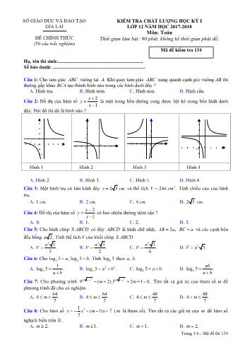 Đề kiểm tra chất lượng học kỳ I môn Toán học Lớp 12 - Năm học 2017-2018 - Sở GD&ĐT Gia Lai (Có đáp án)