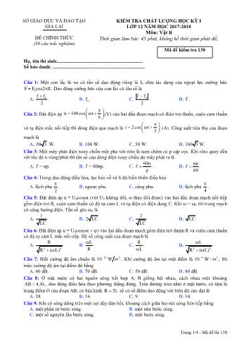 Đề kiểm tra chất lượng học kỳ I môn Vật lí Lớp 12 - Năm học 2017-2018