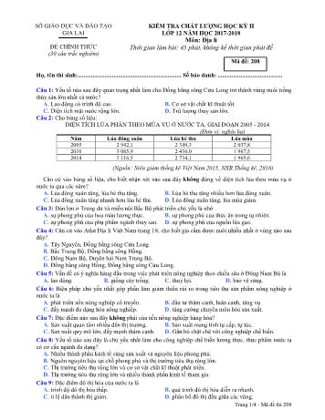 Đề kiểm tra chất lượng học kỳ II môn Địa lí Lớp 12 - Năm học 2017-2018 - Sở GD&ĐT Gia Lai - Mã đề 208