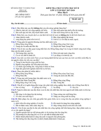 Đề kiểm tra chất lượng học kỳ II môn Địa lí Lớp 12 - Năm học 2017-2018 - Sở GD&ĐT Gia Lai - Mã đề 640