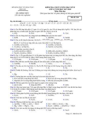 Đề kiểm tra chất lượng học kỳ II môn Hóa học Lớp 12 - Năm học 2017-2018 - Sở GD&ĐT Gia Lai - Mã đề 210