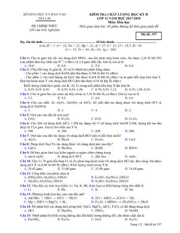 Đề kiểm tra chất lượng học kỳ II môn Hóa học Lớp 12 - Năm học 2017-2018 - Sở GD&ĐT Gia Lai - Mã đề 357