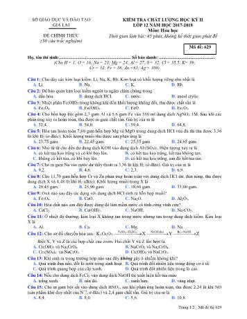 Đề kiểm tra chất lượng học kỳ II môn Hóa học Lớp 12 - Năm học 2017-2018 - Sở GD&ĐT Gia Lai - Mã đề 629