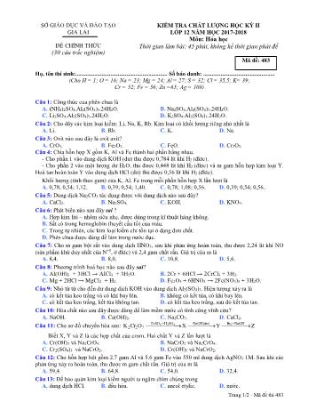 Đề kiểm tra chất lượng học kỳ II môn Hóa học Lớp 12 - Năm học 2017-2018 - Sở GD&ĐT Gia Lai - Mã đề 483