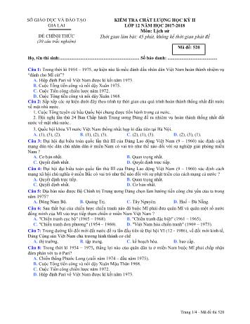 Đề kiểm tra chất lượng học kỳ II môn Lịch sử Lớp 12 - Năm học 2017-2018 - Sở GD&ĐT Gia Lai - Mã đề 520