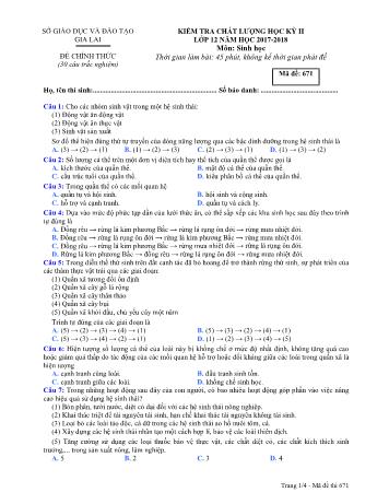 Đề kiểm tra chất lượng học kỳ II môn Sinh học Lớp 12 - Năm học 2017-2018 - Sở GD&ĐT Gia Lai - Mã đề 671