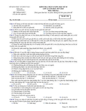 Đề kiểm tra chất lượng học kỳ II môn Sinh học Lớp 12 - Năm học 2017-2018 - Sở GD&ĐT Gia Lai - Mã đề 298