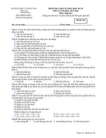 Đề kiểm tra chất lượng học kỳ II môn Sinh học Lớp 12 - Năm học 2017-2018 - Sở GD&ĐT Gia Lai - Mã đề 365