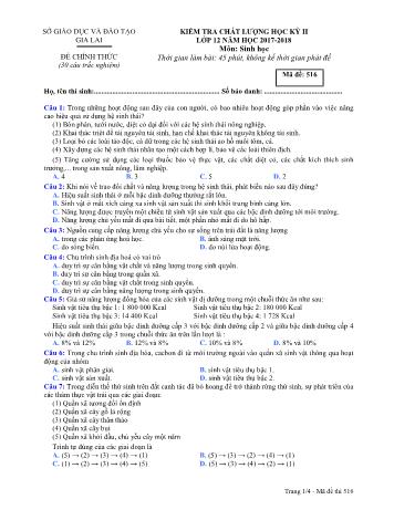 Đề kiểm tra chất lượng học kỳ II môn Sinh học Lớp 12 - Năm học 2017-2018 - Sở GD&ĐT Gia Lai - Mã đề 516