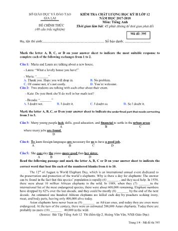 Đề kiểm tra chất lượng học kỳ II môn Tiếng Anh Lớp 12 - Năm học 2017-2018 - Sở GD&ĐT Gia Lai - Mã đề 395
