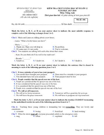 Đề kiểm tra chất lượng học kỳ II môn Tiếng Anh Lớp 12 - Năm học 2017-2018 - Sở GD&ĐT Gia Lai - Mã đề 406