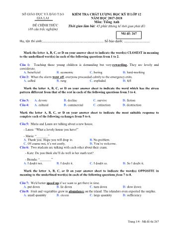 Đề kiểm tra chất lượng học kỳ II môn Tiếng Anh Lớp 12 - Năm học 2017-2018 - Sở GD&ĐT Gia Lai - Mã đề 267