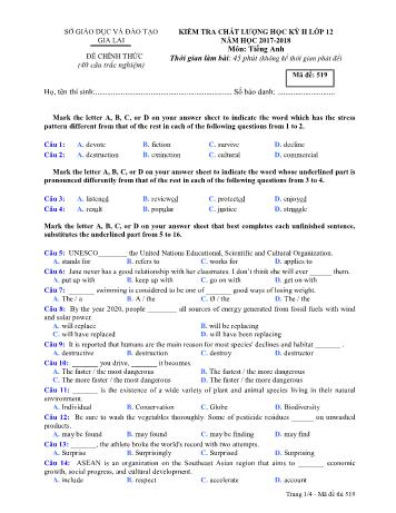 Đề kiểm tra chất lượng học kỳ II môn Tiếng Anh Lớp 12 - Năm học 2017-2018 - Sở GD&ĐT Gia Lai - Mã đề 519