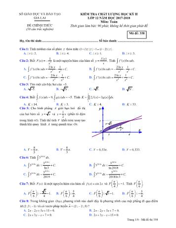 Đề kiểm tra chất lượng học kỳ II môn Toán học Lớp 12 - Năm học 2017-2018 - Sở GD&ĐT Gia Lai - Mã đề 358