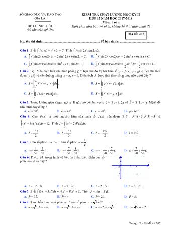 Đề kiểm tra chất lượng học kỳ II môn Toán học Lớp 12 - Năm học 2017-2018 - Sở GD&ĐT Gia Lai - Mã đề 207