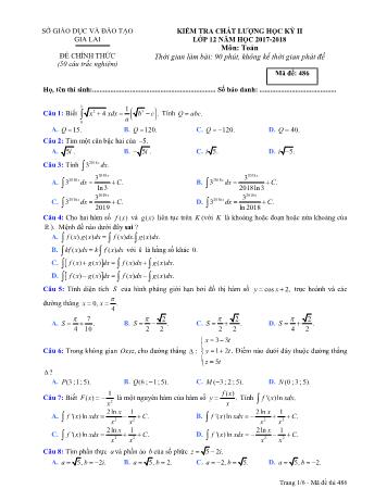 Đề kiểm tra chất lượng học kỳ II môn Toán học Lớp 12 - Năm học 2017-2018 - Sở GD&ĐT Gia Lai - Mã đề 486