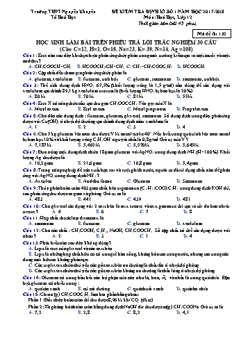 Đề kiểm tra định kì số 1 môn Hoá học Lớp 12 - Năm học 2017-2018 - Trường THPT Nguyễn Khuyến