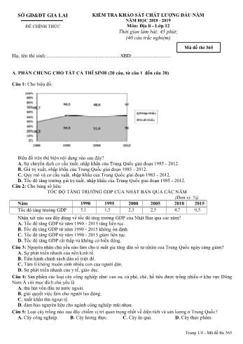 Đề kiểm tra khảo sát chất lượng đầu năm môn Địa lí Lớp 12 - Năm học 2018-2019 - Sở GD&ĐT Gia Lai - Mã đề thi 365