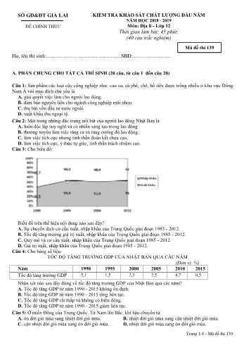 Đề kiểm tra khảo sát chất lượng đầu năm môn Địa lí Lớp 12 - Năm học 2018-2019 - Sở GD&ĐT Gia Lai - Mã đề thi 139