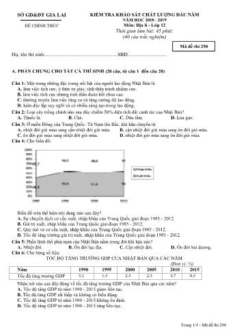Đề kiểm tra khảo sát chất lượng đầu năm môn Địa lí Lớp 12 - Năm học 2018-2019 - Sở GD&ĐT Gia Lai - Mã đề thi 298