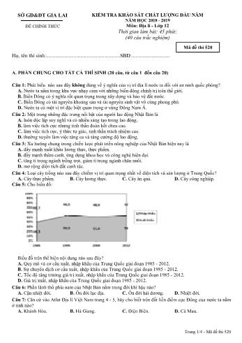 Đề kiểm tra khảo sát chất lượng đầu năm môn Địa lí Lớp 12 - Năm học 2018-2019 - Sở GD&ĐT Gia Lai - Mã đề thi 520