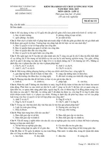 Đề kiểm tra khảo sát chất lượng đầu năm môn Giáo dục công dân Lớp 12 - Năm học 2018-2019 - Sở GD&ĐT Gia Lai - Mã đề thi 132
