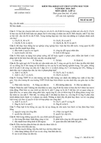 Đề kiểm tra khảo sát chất lượng đầu năm môn Giáo dục công dân Lớp 12 - Năm học 2018-2019 - Sở GD&ĐT Gia Lai - Mã đề thi 485