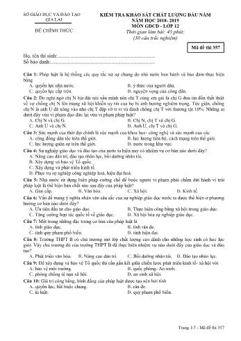 Đề kiểm tra khảo sát chất lượng đầu năm môn Giáo dục công dân Lớp 12 - Năm học 2018-2019 - Sở GD&ĐT Gia Lai - Mã đề thi 357