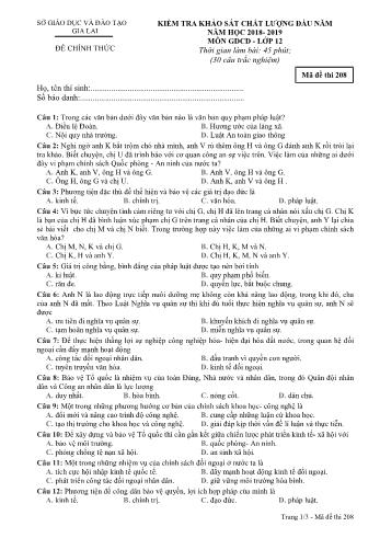 Đề kiểm tra khảo sát chất lượng đầu năm môn Giáo dục công dân Lớp 12 - Năm học 2018-2019 - Sở GD&ĐT Gia Lai - Mã đề thi 208