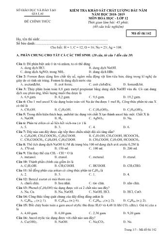 Đề kiểm tra khảo sát chất lượng đầu năm môn Hóa học Lớp 12 - Năm học 2018-2019 - Sở GD&ĐT Gia Lai - Mã đề thi 142