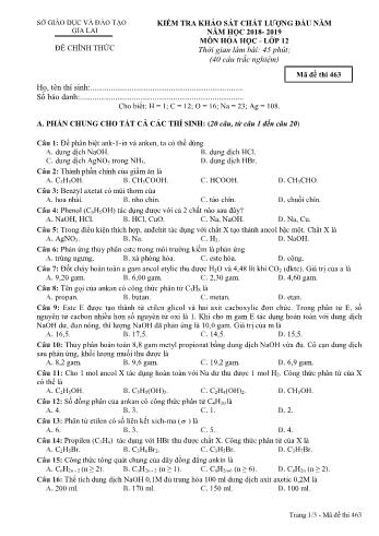 Đề kiểm tra khảo sát chất lượng đầu năm môn Hóa học Lớp 12 - Năm học 2018-2019 - Sở GD&ĐT Gia Lai - Mã đề thi 463
