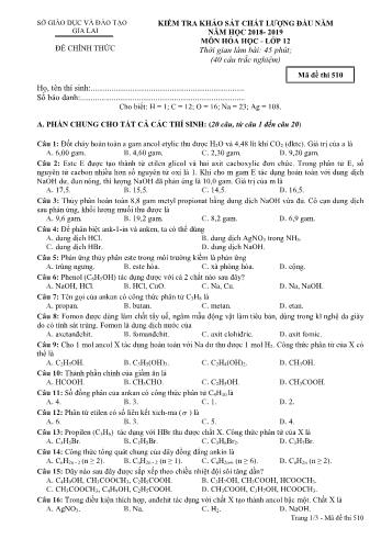 Đề kiểm tra khảo sát chất lượng đầu năm môn Hóa học Lớp 12 - Năm học 2018-2019 - Sở GD&ĐT Gia Lai - Mã đề thi 510