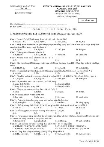Đề kiểm tra khảo sát chất lượng đầu năm môn Hóa học Lớp 12 - Năm học 2018-2019 - Sở GD&ĐT Gia Lai - Mã đề thi 308