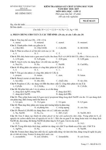 Đề kiểm tra khảo sát chất lượng đầu năm môn Hóa học Lớp 12 - Năm học 2018-2019 - Sở GD&ĐT Gia Lai - Mã đề thi 631
