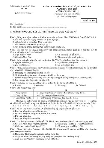 Đề kiểm tra khảo sát chất lượng đầu năm môn Lịch sử Lớp 12 - Năm học 2018-2019 - Sở GD&ĐT Gia Lai - Mã đề thi 457