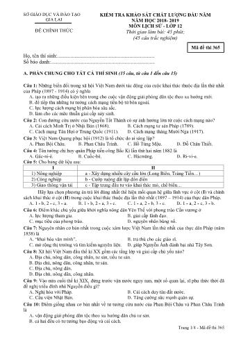 Đề kiểm tra khảo sát chất lượng đầu năm môn Lịch sử Lớp 12 - Năm học 2018-2019 - Sở GD&ĐT Gia Lai - Mã đề thi 365