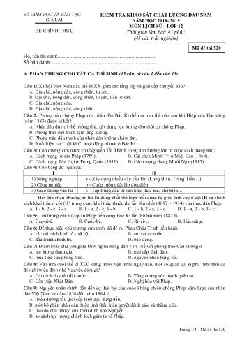 Đề kiểm tra khảo sát chất lượng đầu năm môn Lịch sử Lớp 12 - Năm học 2018-2019 - Sở GD&ĐT Gia Lai - Mã đề thi 520