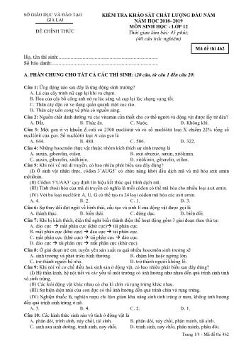 Đề kiểm tra khảo sát chất lượng đầu năm môn Sinh học Lớp 12 - Năm học 2018-2019 - Sở GD&ĐT Gia Lai - Mã đề thi 462