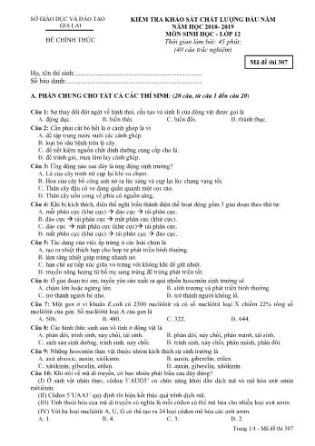 Đề kiểm tra khảo sát chất lượng đầu năm môn Sinh học Lớp 12 - Năm học 2018-2019 - Sở GD&ĐT Gia Lai - Mã đề thi 307