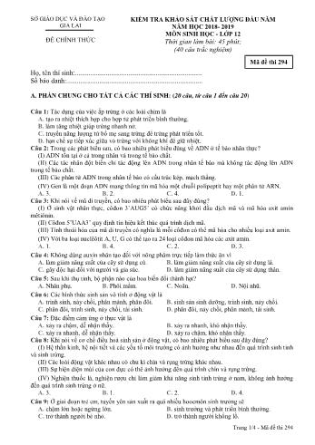 Đề kiểm tra khảo sát chất lượng đầu năm môn Sinh học Lớp 12 - Năm học 2018-2019 - Sở GD&ĐT Gia Lai - Mã đề thi 294