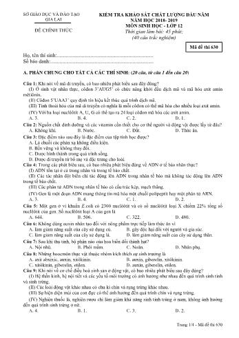 Đề kiểm tra khảo sát chất lượng đầu năm môn Sinh học Lớp 12 - Năm học 2018-2019 - Sở GD&ĐT Gia Lai - Mã đề thi 630