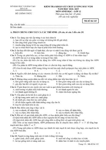 Đề kiểm tra khảo sát chất lượng đầu năm môn Sinh học Lớp 12 - Năm học 2018-2019 - Sở GD&ĐT Gia Lai - Mã đề thi 143