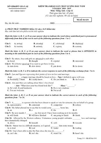 Đề kiểm tra khảo sát chất lượng đầu năm môn Tiếng Anh Lớp 12 - Năm học 2018-2019 - Sở GD&ĐT Gia Lai - Mã đề thi 634