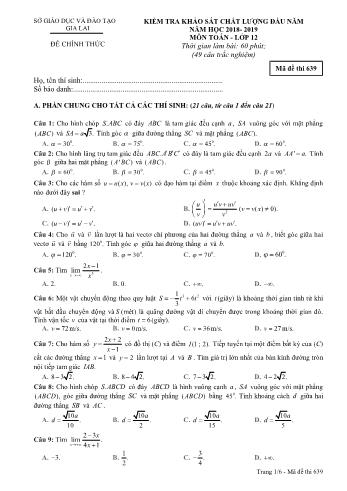Đề kiểm tra khảo sát chất lượng đầu năm môn Toán học Lớp 12 - Năm học 2018-2019 - Sở GD&ĐT Gia Lai - Mã đề thi 639