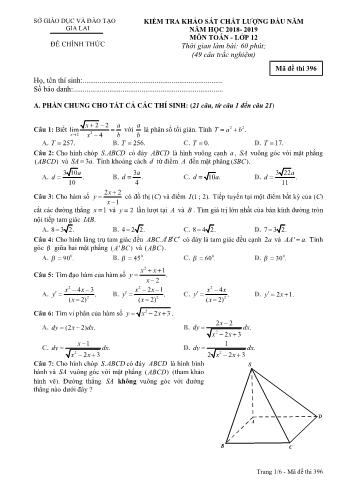 Đề kiểm tra khảo sát chất lượng đầu năm môn Toán học Lớp 12 - Năm học 2018-2019 - Sở GD&ĐT Gia Lai - Mã đề thi 396