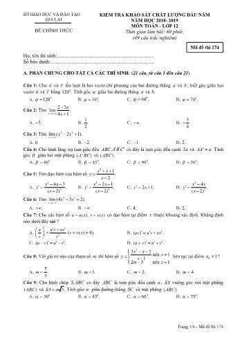 Đề kiểm tra khảo sát chất lượng đầu năm môn Toán học Lớp 12 - Năm học 2018-2019 - Sở GD&ĐT Gia Lai - Mã đề thi 174